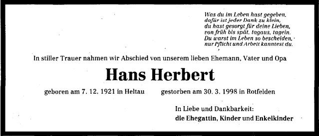 Herbert Hans 1921-1998 Todesanzeige